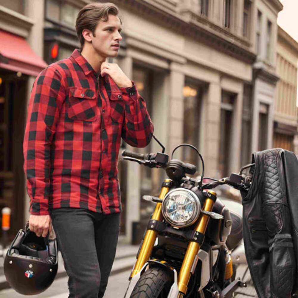 RIDERACT® Motorcycle Cotton Flannel Shirt  Red and Black Motorbike Shirt NEW